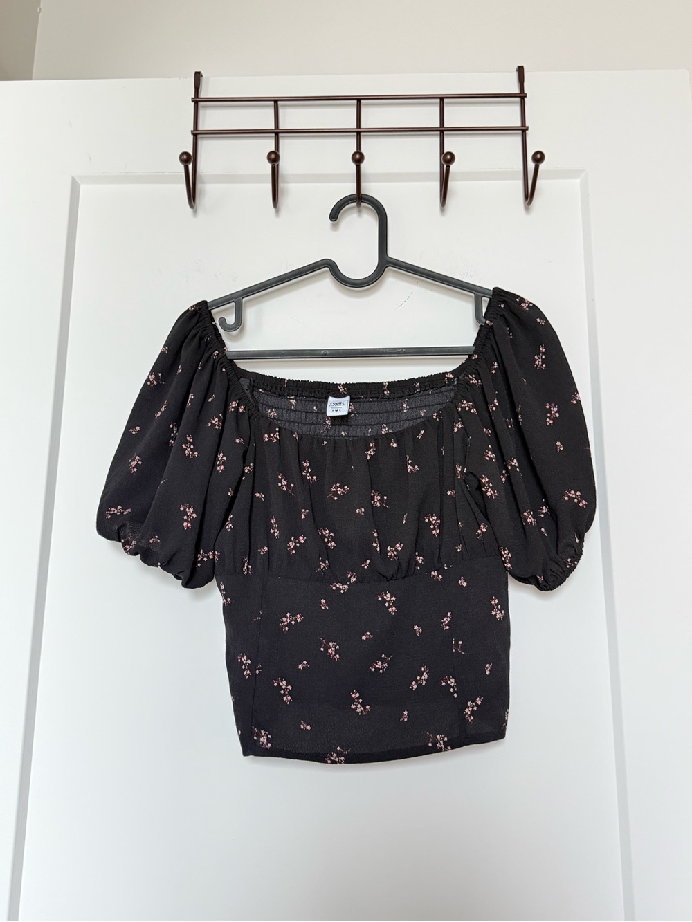 TWIK Smocked Off-Shoulder Puff Sleeve Top - Black with Pink Floral